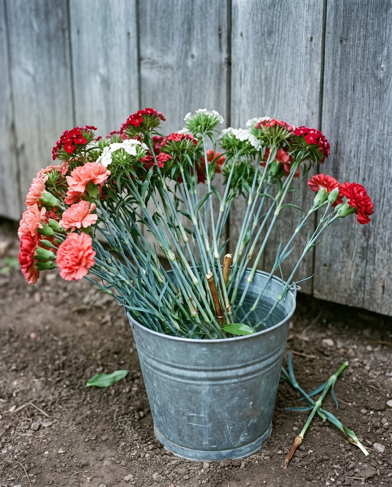 A galvanized bucket of freshly cut sweet william and carnation stems standing against a weathered barn wall