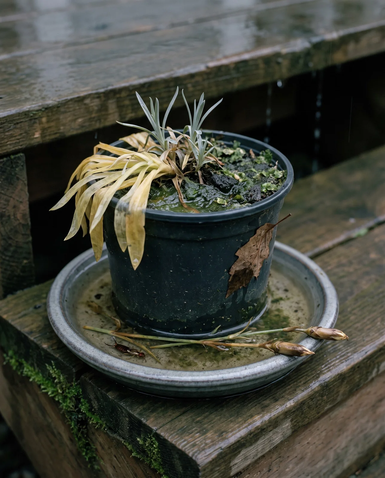 A potted dianthus standing in a saucer full of water with sodden dark compost and yellowing lower leaves
