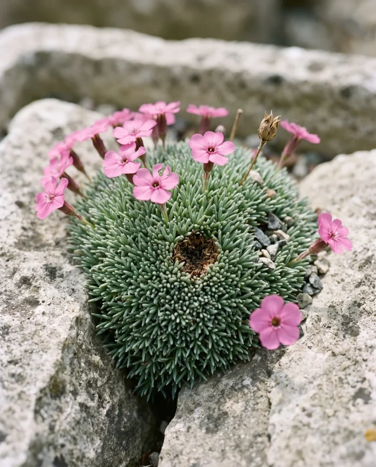 A very low alpine pink cushion pressed tight into a rock crevice with short-stalked flowers held just above it