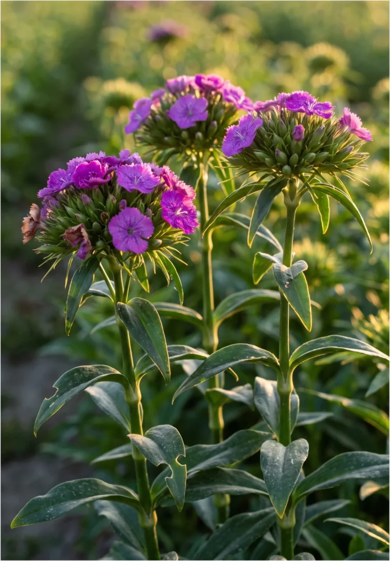 A violet-purple sweet william cut-flower cultivar with flat-topped clusters over dark glossy green foliage