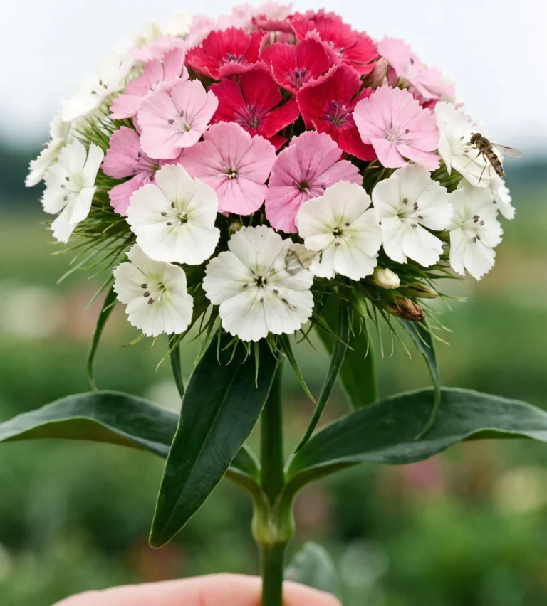 A sweet william cluster showing white, pink and deep rose flowers together as they age within one head