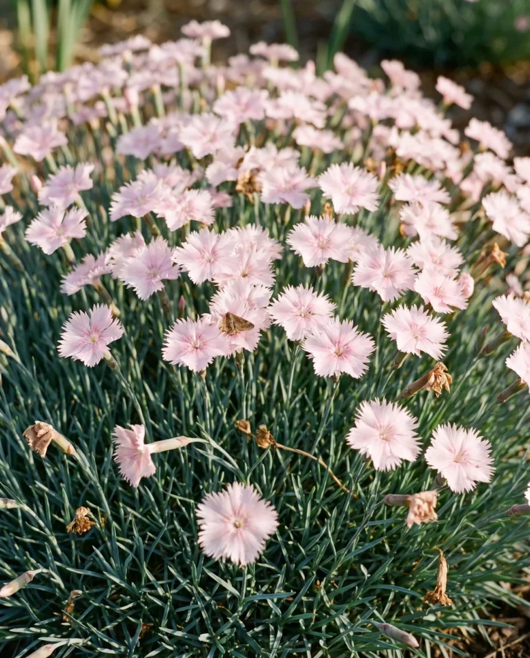 A mat-forming pale pink fringed dianthus cultivar in flower over dense blue-grey needle foliage