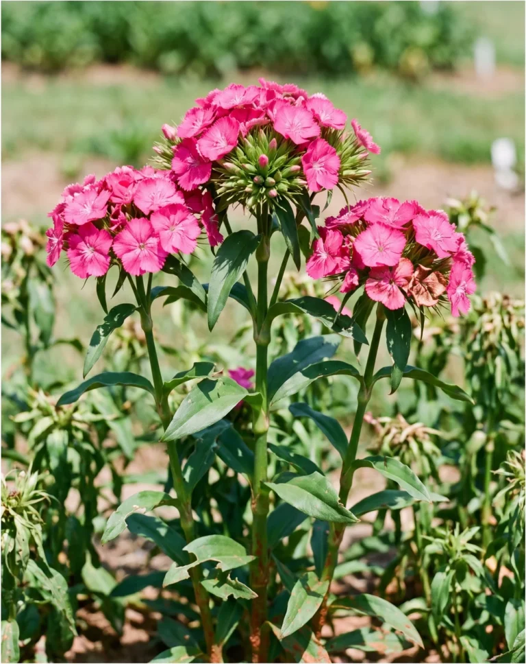 A tall hot-pink dianthus with large dense flower clusters on strong upright stems in a summer trial bed