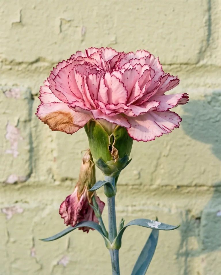 A double garden carnation with pale petals edged in a contrasting dark band, held on a jointed blue-grey stem