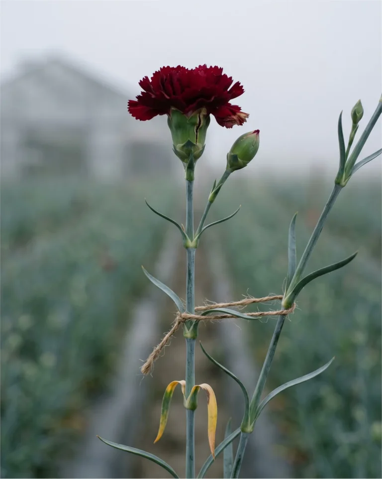 A tall deep red double carnation on a leaning jointed stem tied to a string support in a cutting row