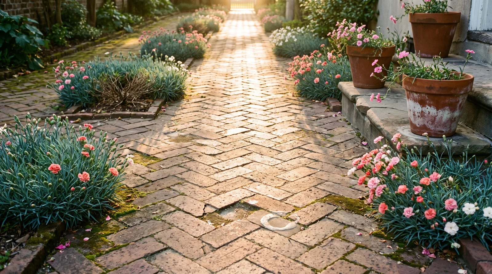Dianthus mats edging a long brick garden path with terracotta pots of pinks on the steps behind
