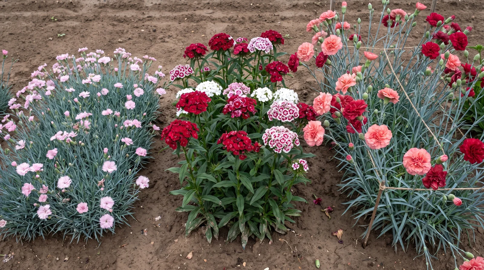 Three blocks of dianthus growing side by side in a trial bed: a low mat, upright flat-topped clusters and tall double carnations