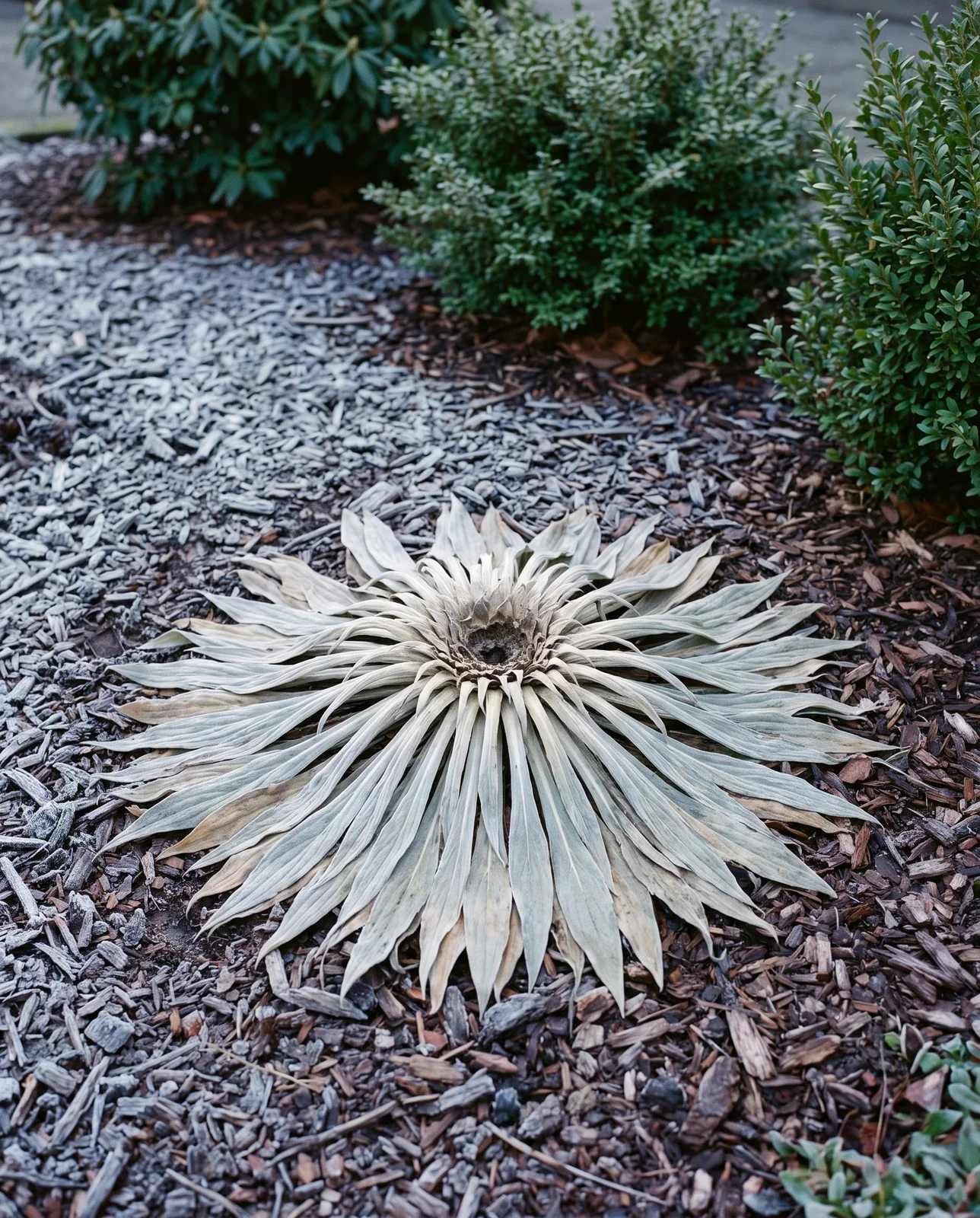 A silver Echium wildpretii rosette killed by a hard freeze, leaves flat and grey-buff, with no flower spike and no spotting