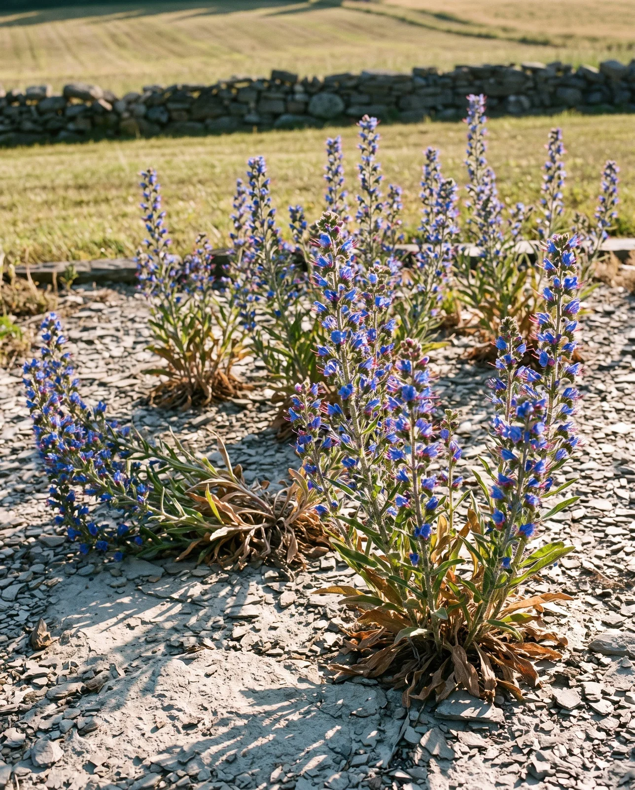 Viper's bugloss grown on purpose in a stony shale dooryard bed, thick with flower spikes rather than leaves, at evening