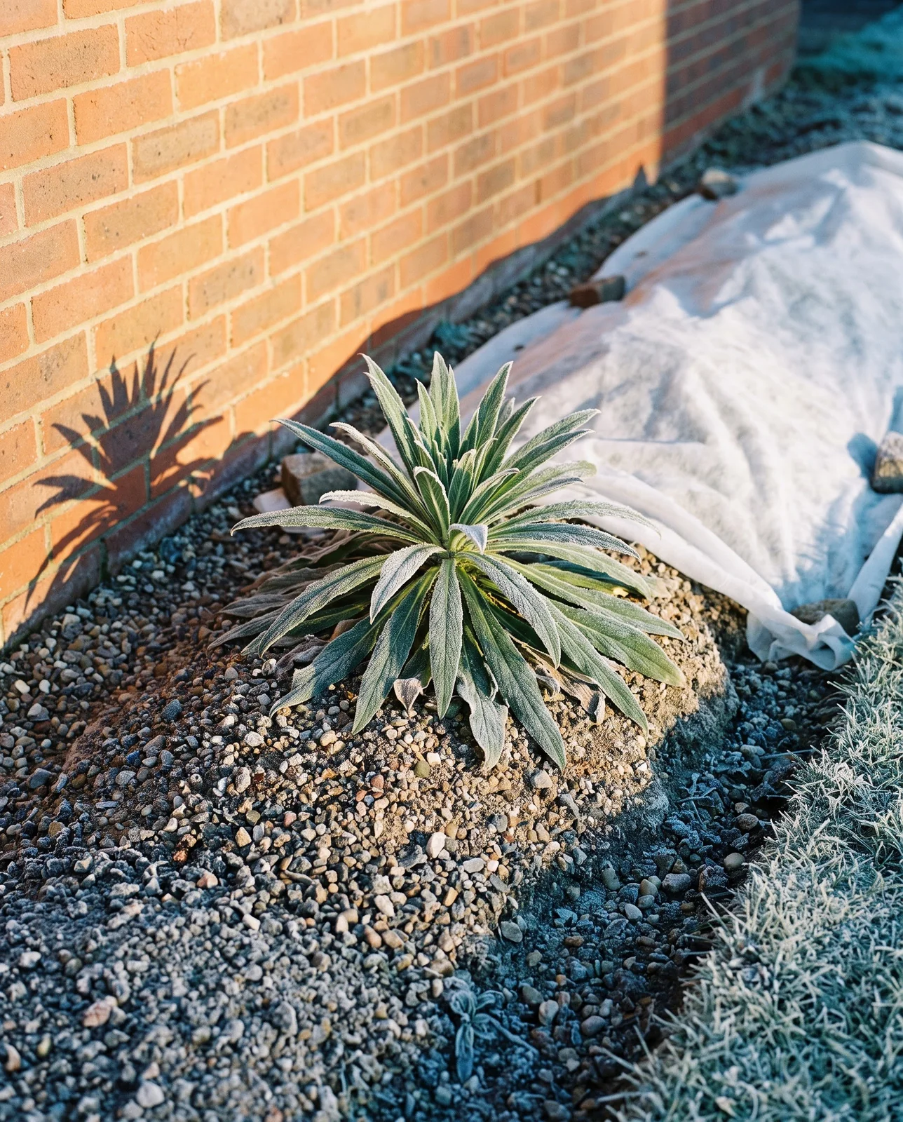 First-year Echium pininana rosette on a raised gritty mound at a west-facing brick wall, fleece folded back, rime on the ground