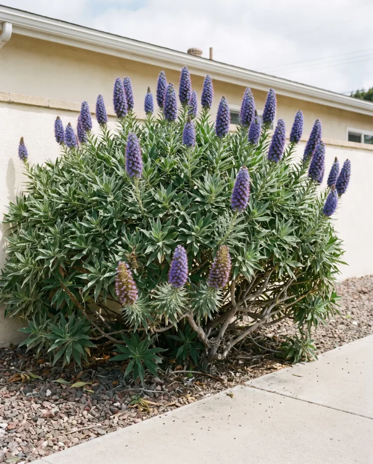 Young pride of Madeira in a sidewalk strip, a grey mound carrying twenty short blue-violet cones over leaf rosettes