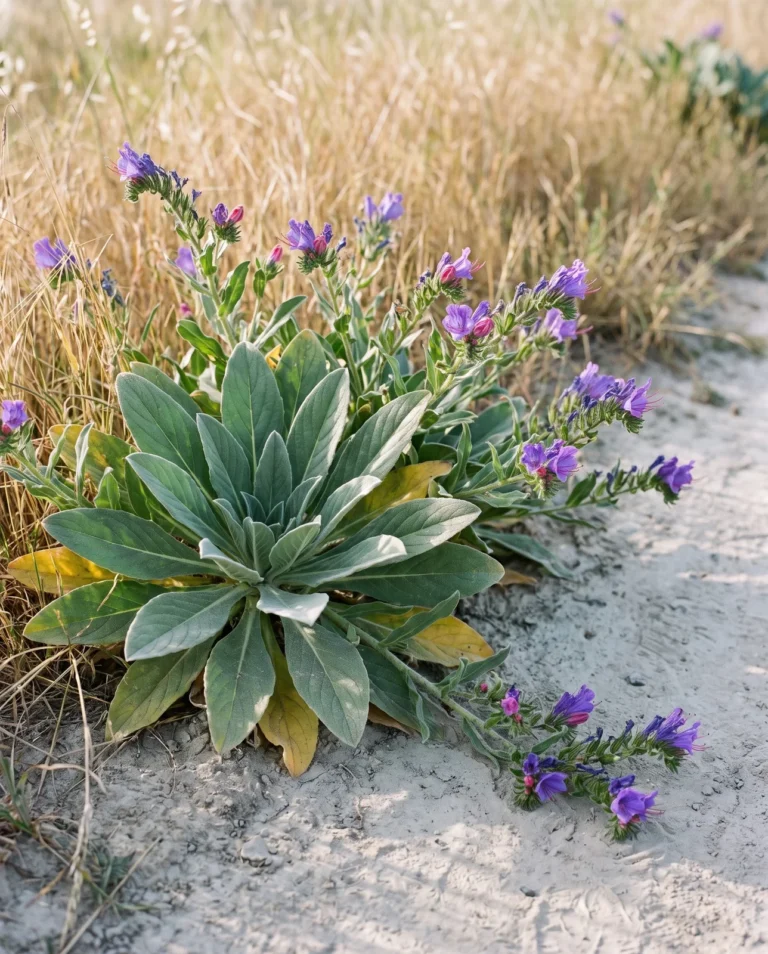 Sprawling Echium plantagineum with broad ribbed basal leaves and wide violet-purple flowers on a California ranch track