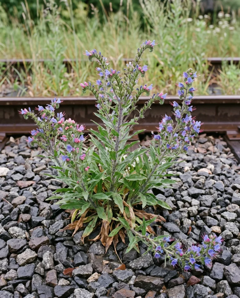 Whole-plant portrait of Echium vulgare on rail ballast, purple-flecked bristly stems and blue flowers with red stamens