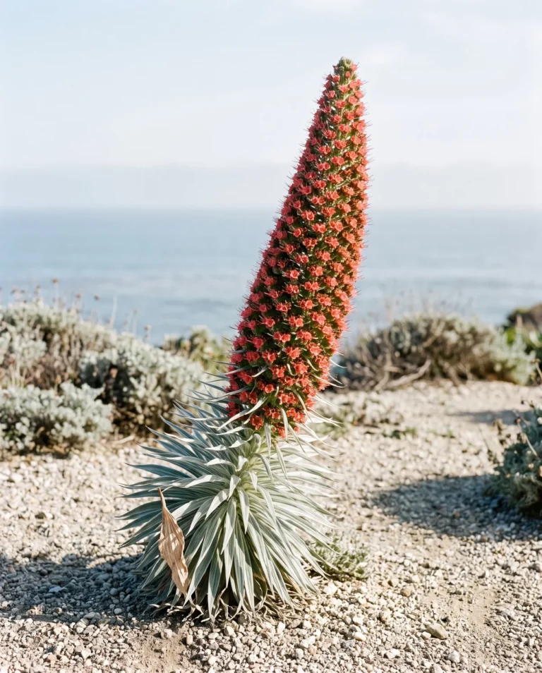 Echium wildpretii in flower, a tapering brick-red spire rising from a dense silver-white rosette in a coastal grit bed