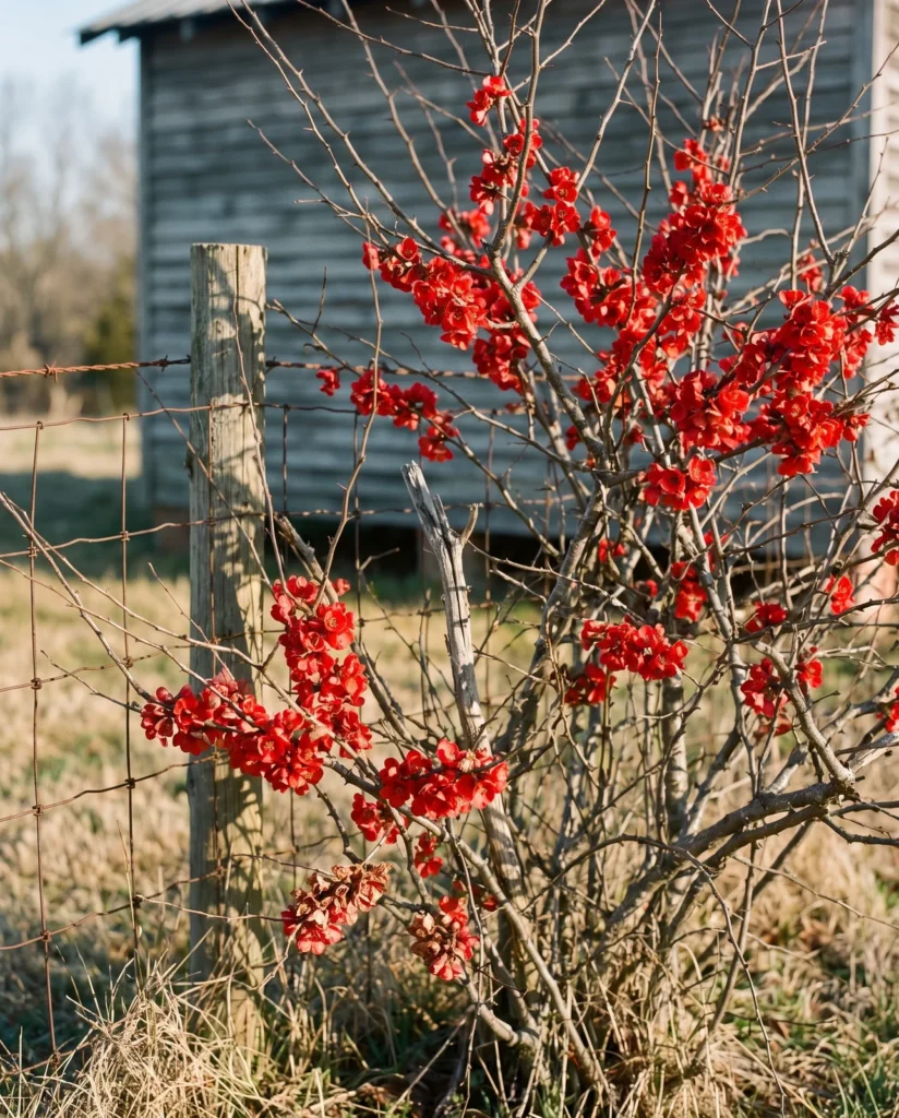 Old scarlet flowering quince in full bloom on bare thorny wood at a woven-wire fence corner in a Tennessee dooryard at sunrise