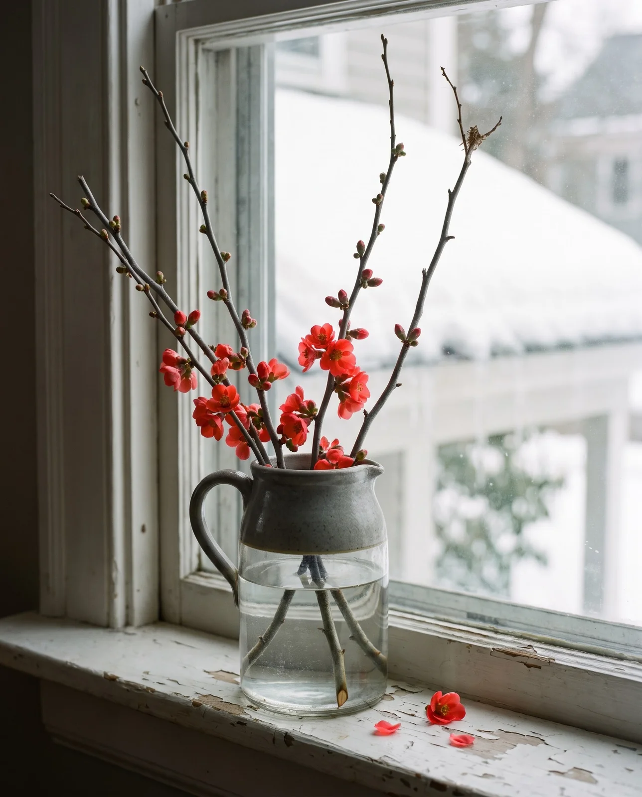 Cut quince branches half open into coral flowers in a stoneware jug on a cold north windowsill with snow outside in February