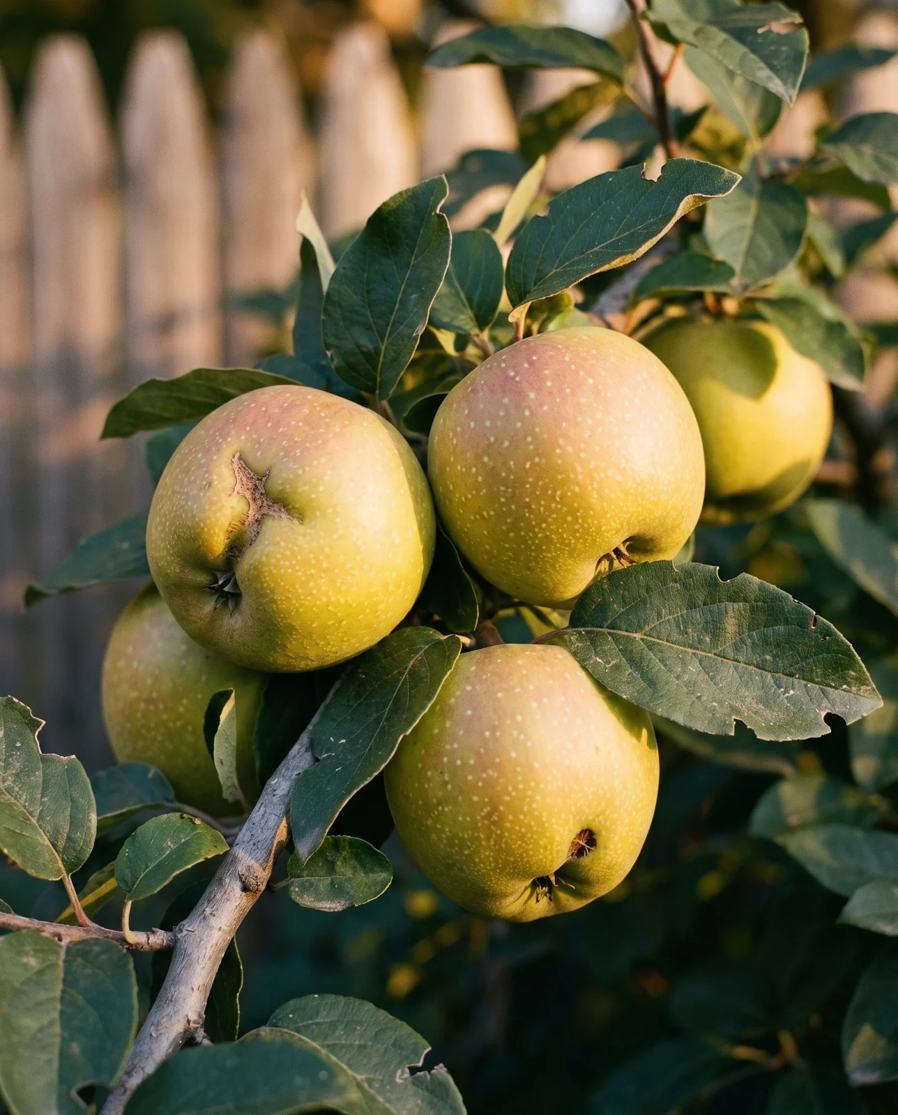 Four hard speckled yellow-green quince pomes on the shrub in early October, backlit at golden hour among dulling dark leaves