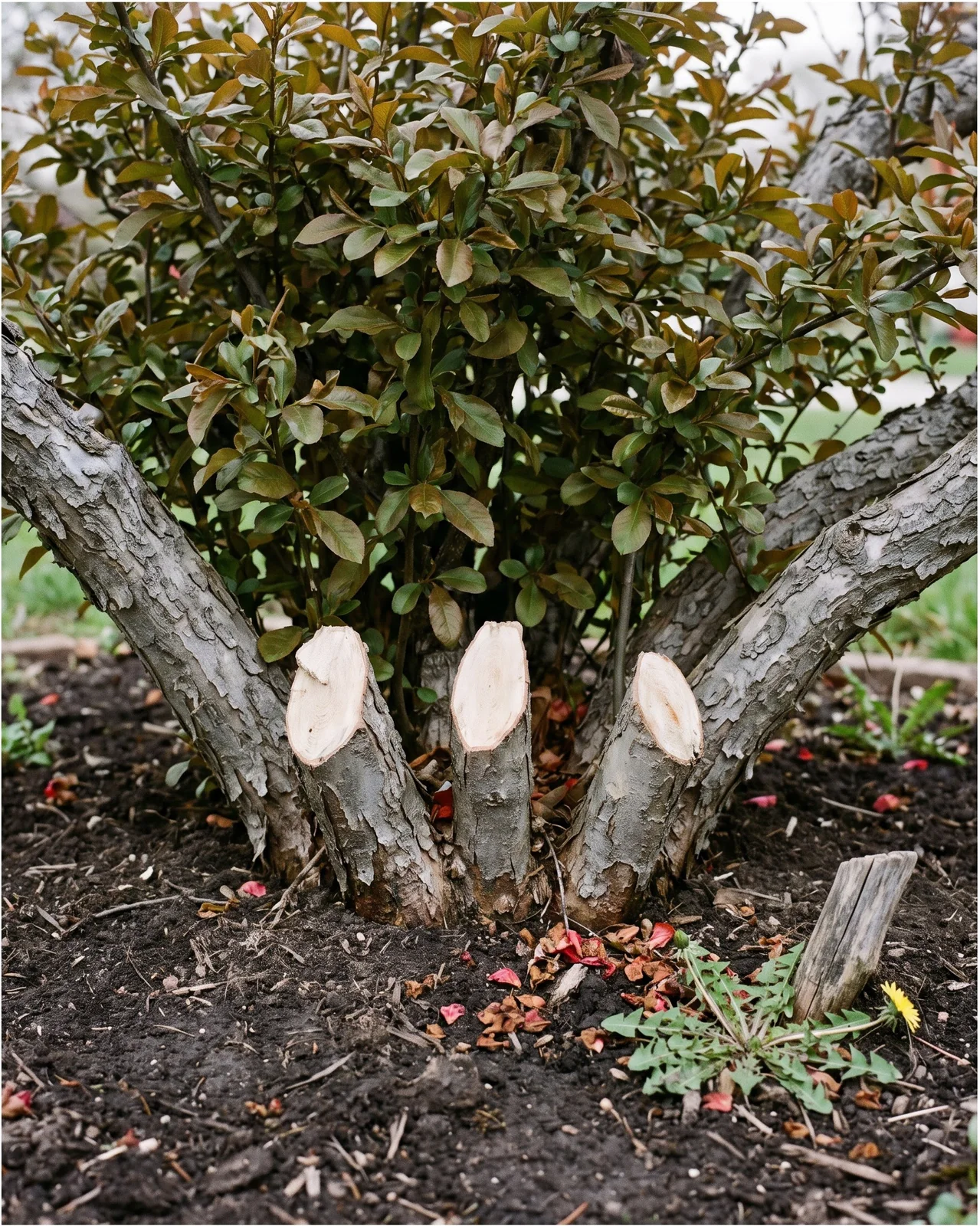 Base of a quince with three oldest stems cut off at soil level, pale cut faces bright against dark loam and shed red petals