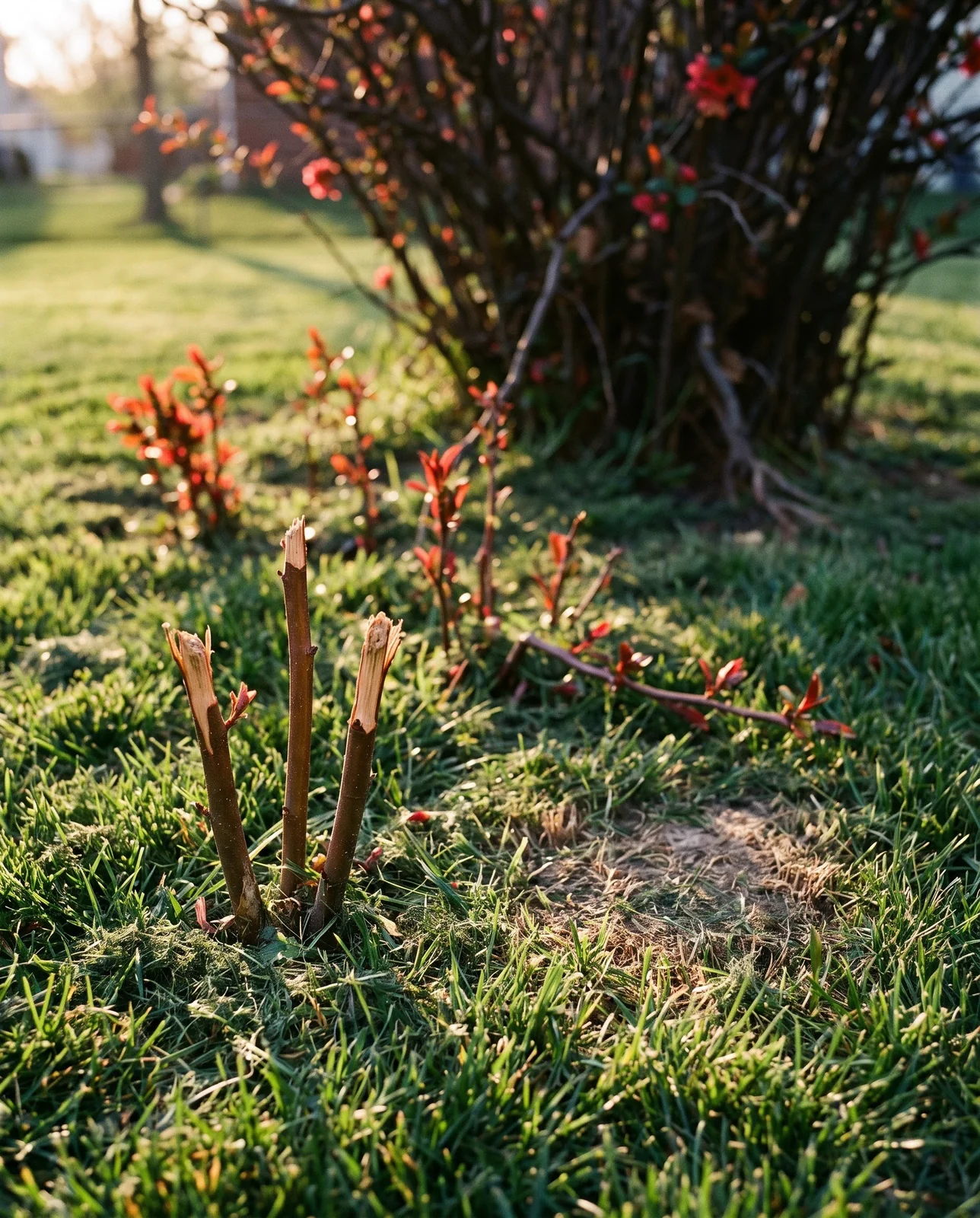 Young quince root suckers standing in mown lawn several feet from the parent thicket, three of them clipped level by a mower