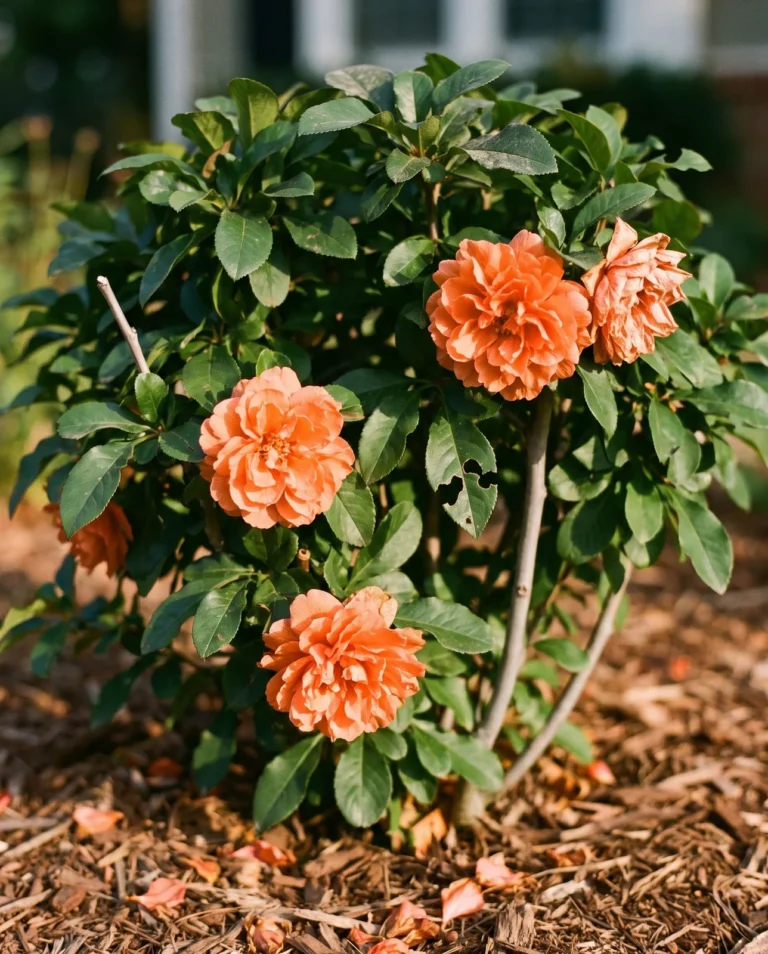 Double Take Orange Storm quince in October rebloom, huge tangerine double flowers among green leaves on smooth thornless stems