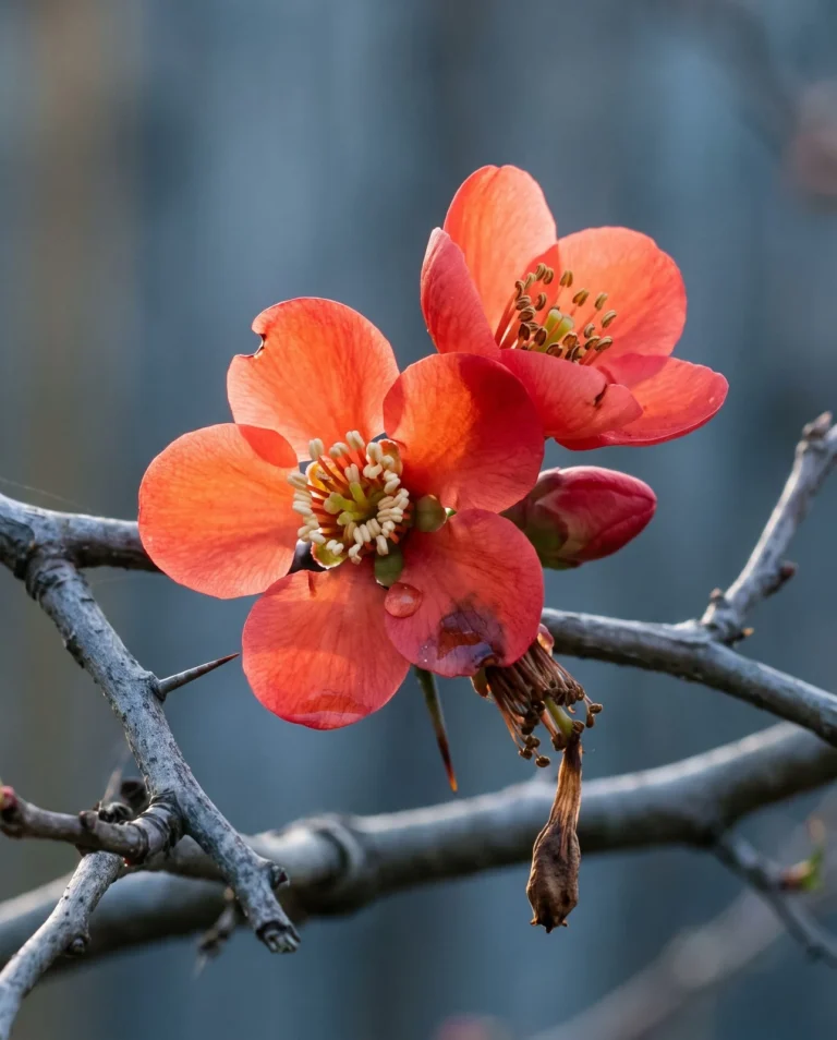 Rubra quince single flower backlit at dawn, five separate red petals open flat around a ring of cream stamens on bare wood
