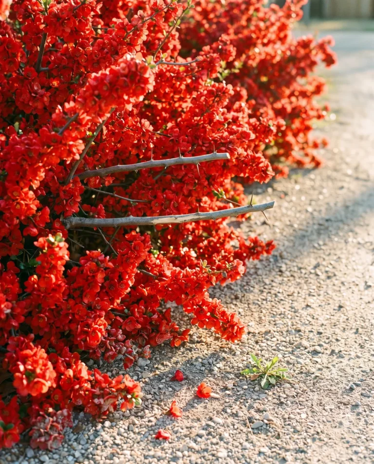 Low spreading Texas Scarlet quince with tomato-red single flowers set so densely along horizontal stems that the wood barely shows