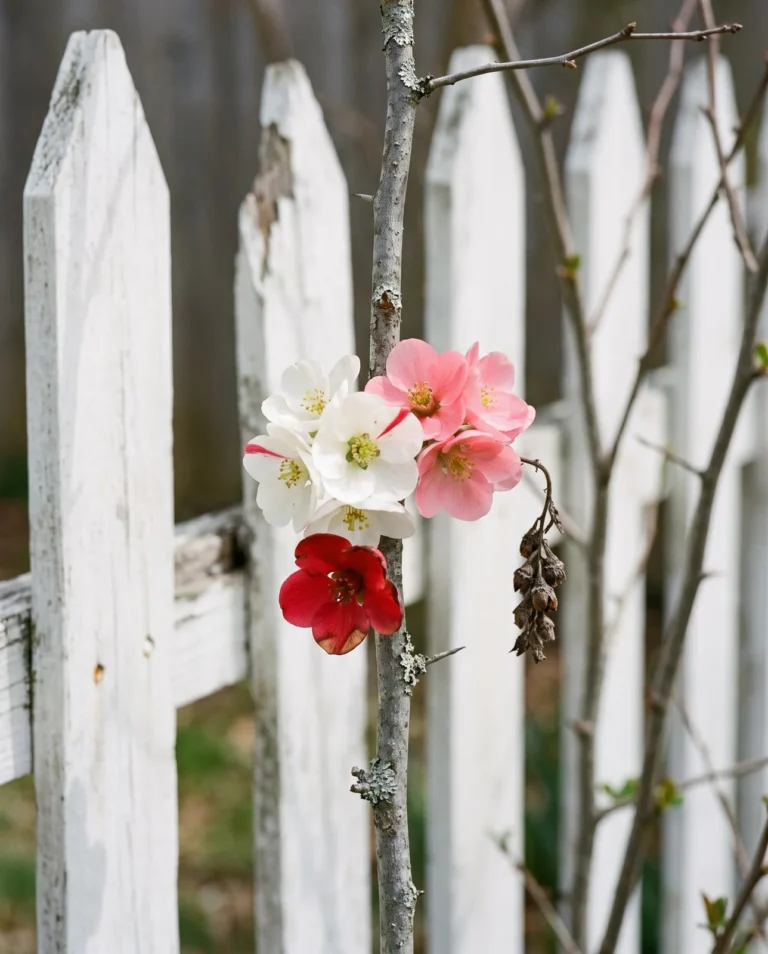 Toyo-Nishiki quince carrying white, pink and red flowers within inches of each other on one bare stem at a white picket fence