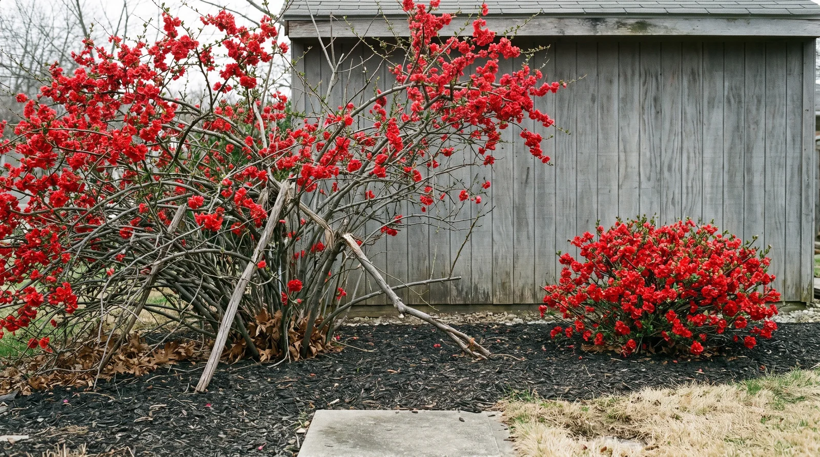 Ten-foot old flowering quince at a shed wall beside a knee-high dwarf plant in the same bed, both in scarlet bloom under overcast