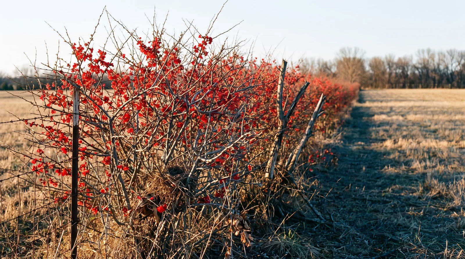 Long thorny flowering quince hedge in scarlet bloom running down a farm property line at golden hour with straw-tan fields beyond