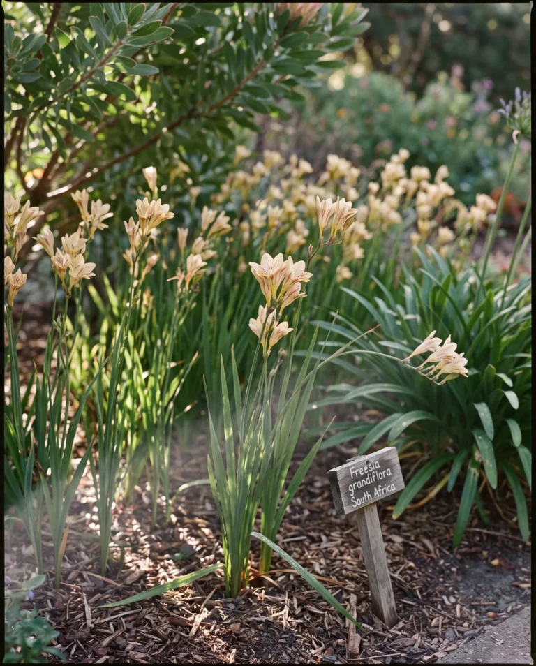 Freesia grandiflora in a specialist Berkeley, California botanical garden's South African bed, a taller wild species growing among its relatives in soft morning light