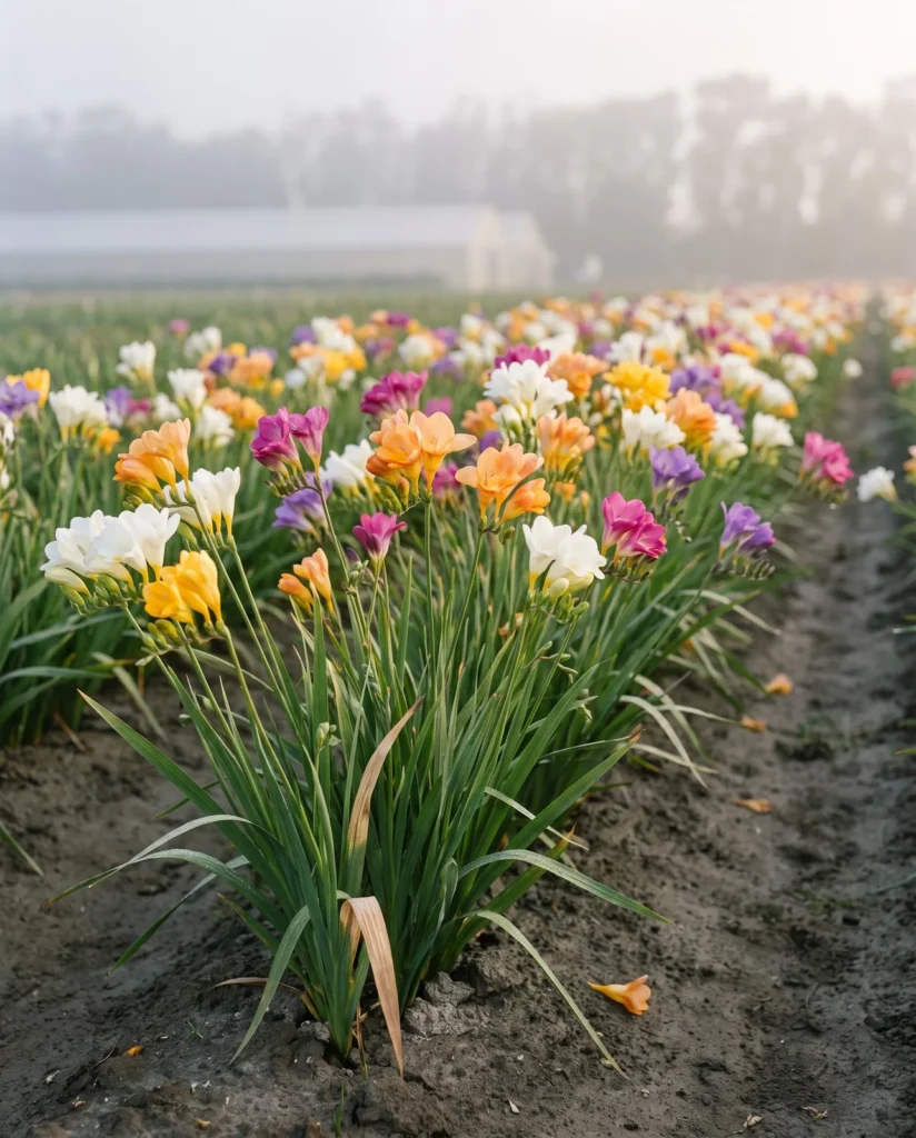 A row of mixed-color freesia in full winter bloom in a Central Coast California cutting-flower field, sea fog lifting at dawn