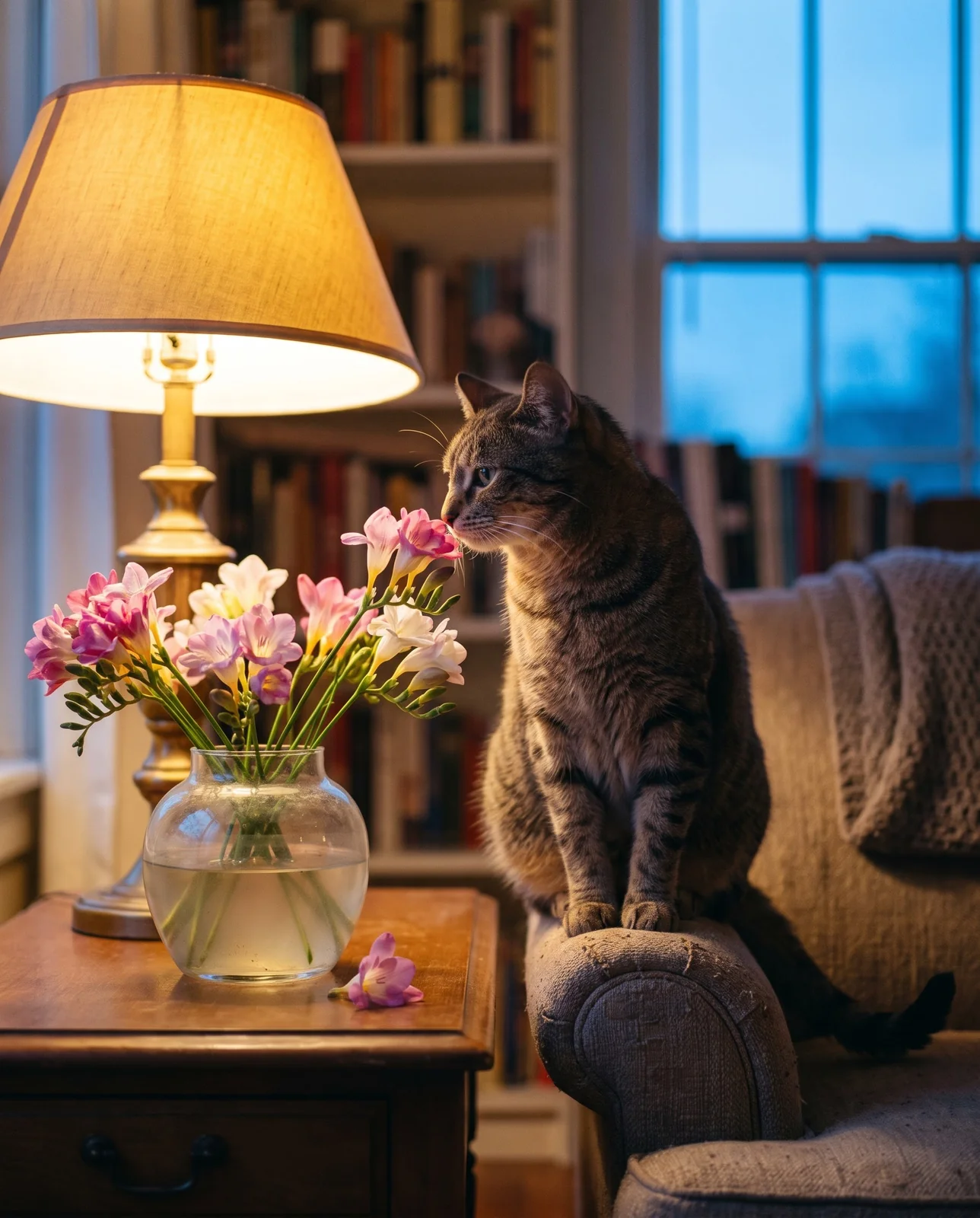 A cat sitting near a vase of freesia on a side table in a Nashville living room at dusk, the plant unrated on the ASPCA toxic and non-toxic plant lists