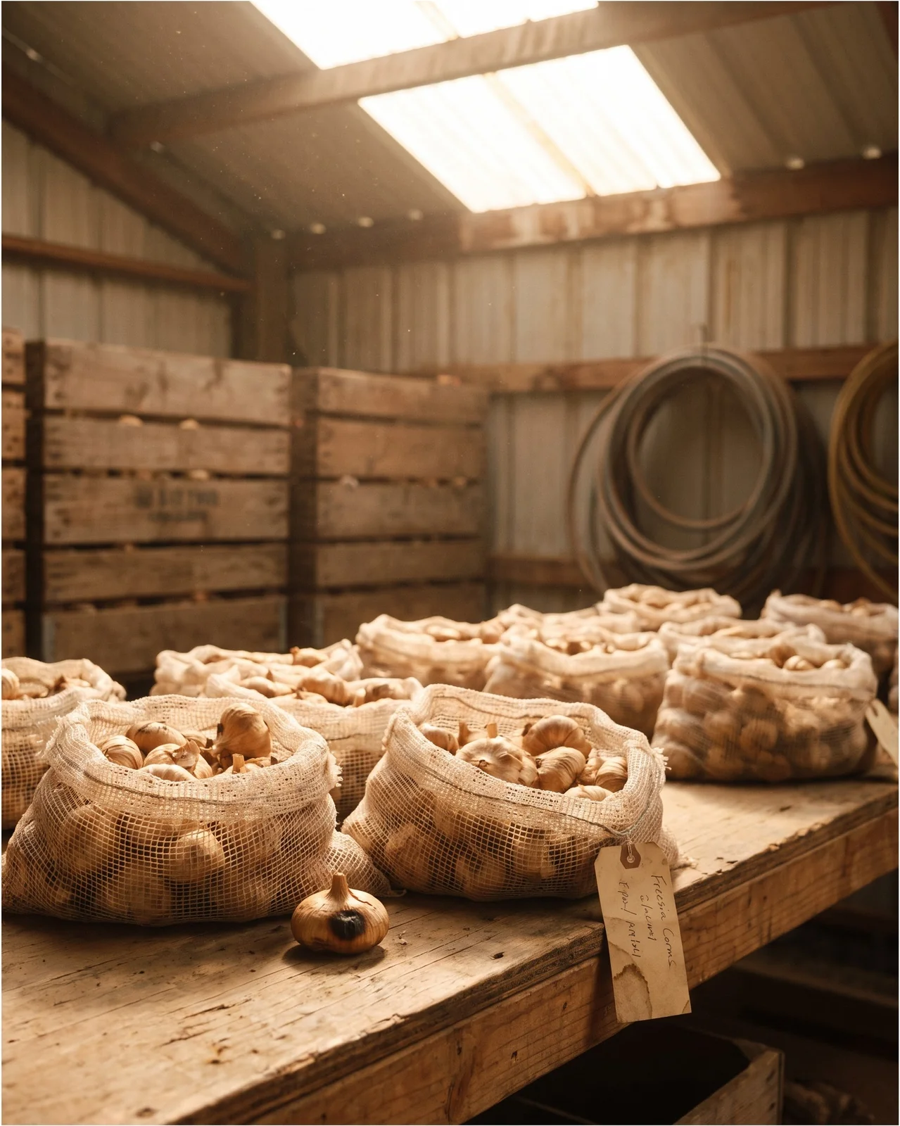 Freesia corms curing in open mesh bags on a warm shed bench near McMinnville, Oregon in late summer