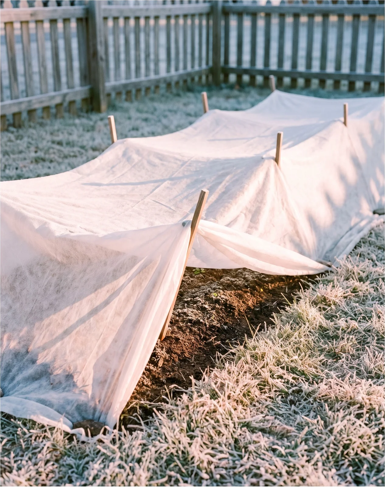 A lightweight row cover over a fall-planted freesia bed in a zone-8 Virginia garden at frost-covered sunrise