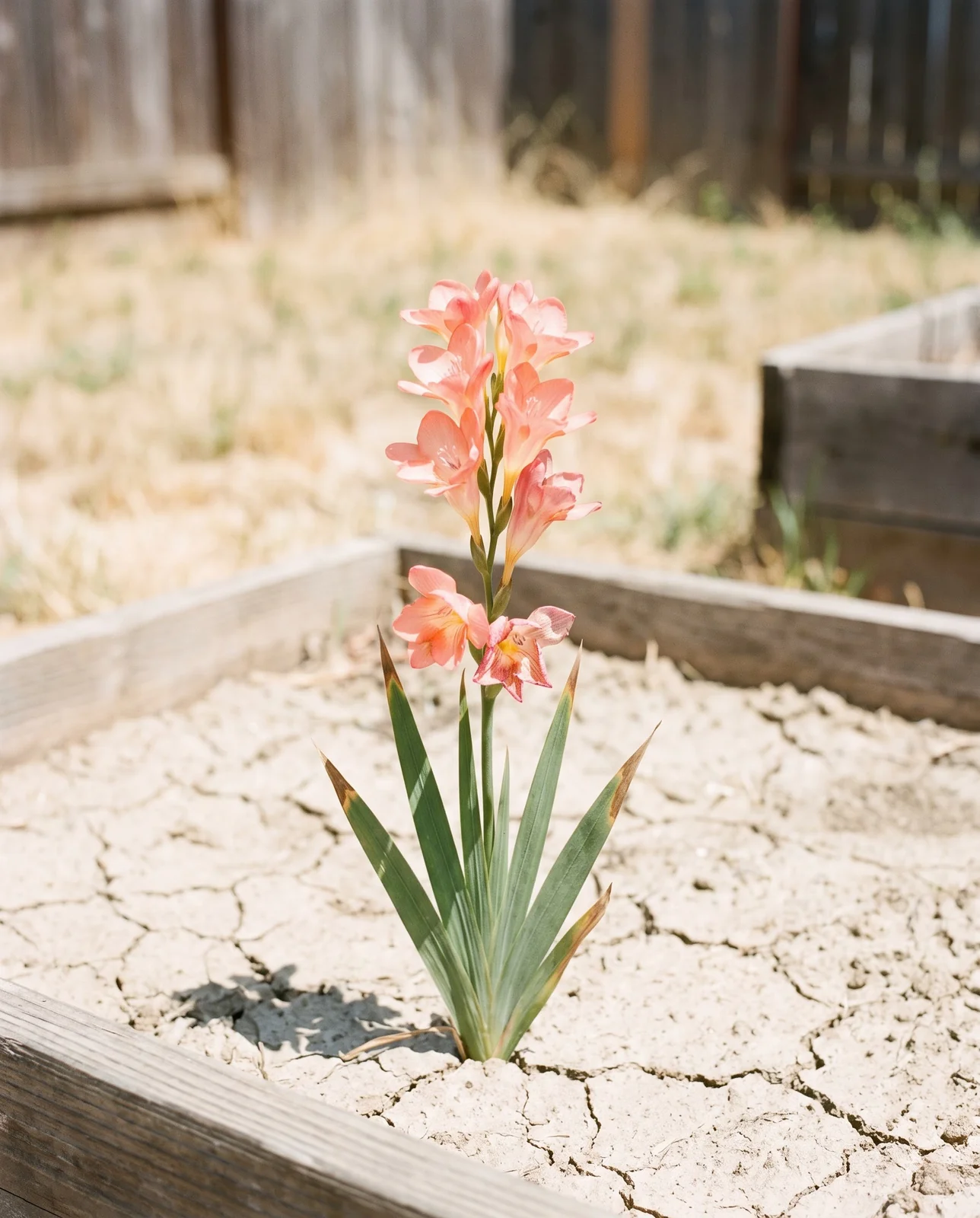 A freesia spike in a hot Sacramento Valley garden with its lowest florets unevenly spaced, the thumbing defect caused by heat during flower formation