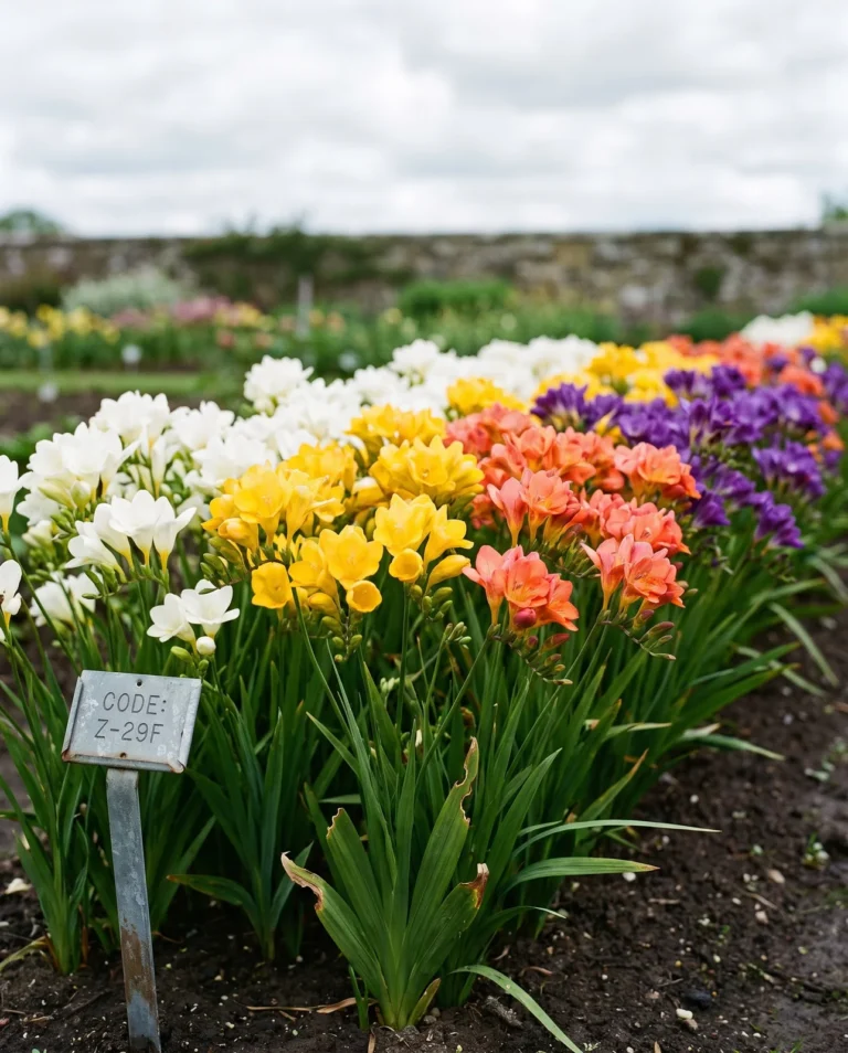 A display row of mixed hybrid freesia at a California bulb trial garden, tall, sturdy trumpet spikes in every color of the bulb-rack range