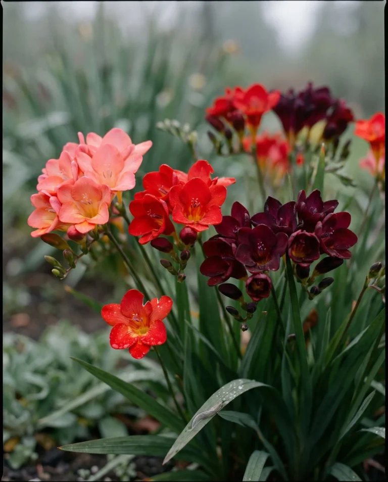 Pink, red and burgundy freesia trumpets on a one-sided spike in an overcast Eugene, Oregon garden bed