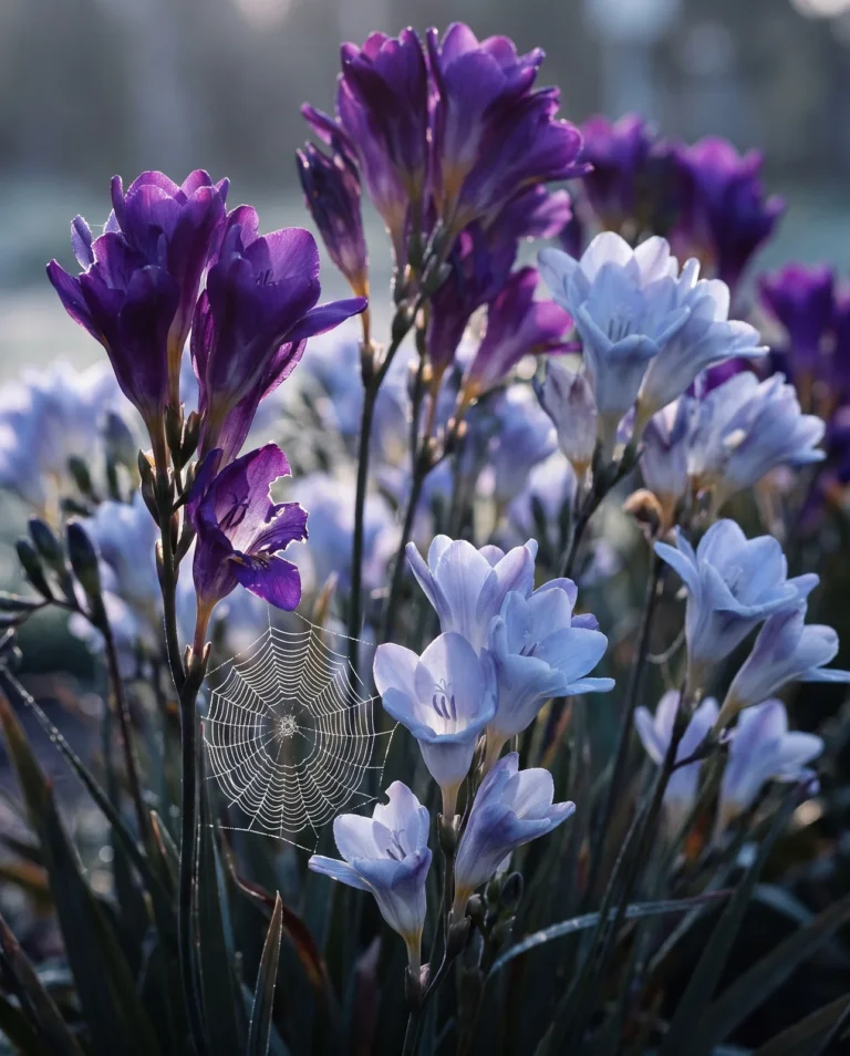 Purple and blue-mauve freesia backlit at dawn in a Davis, California garden bed, closing out the tetraploid color range