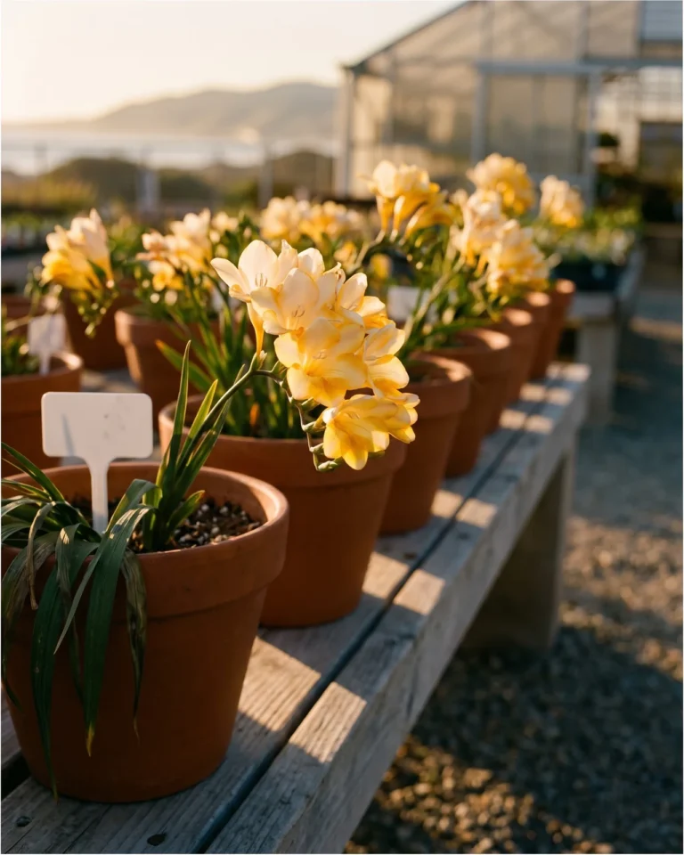 Gold and yellow freesia opening from pale buds in an Oxnard, California nursery bench under golden hour light