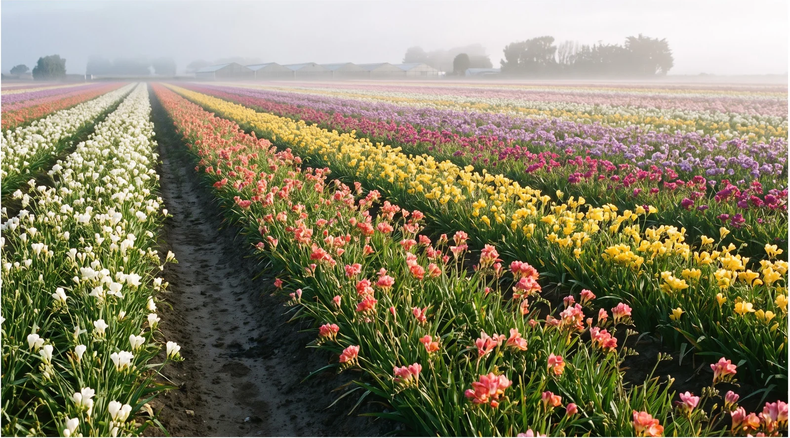 A wide dawn view over Central Coast California freesia cutting rows in mixed colors, fog lifting over greenhouses in the distance