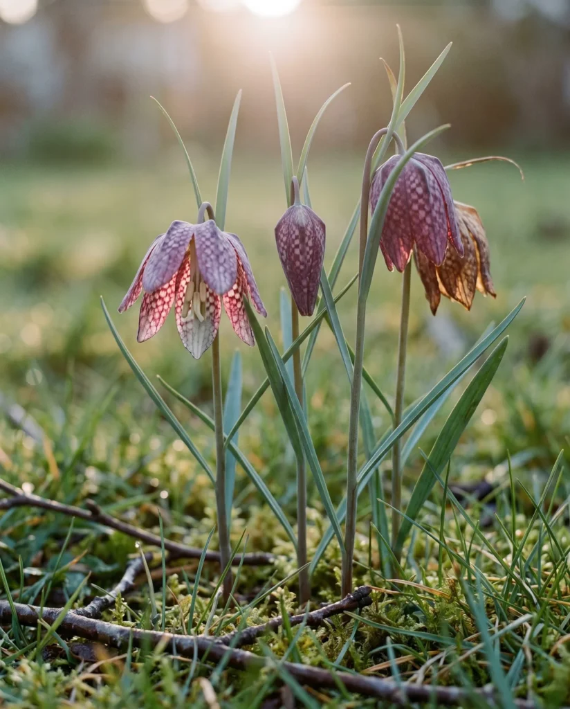 Three snake's head fritillary stems nodding in thin grass at sunrise, their bells ruled into a grid of plum-purple and chalk-white squares