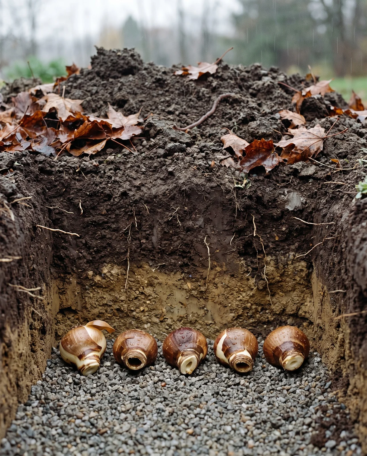 Five crown imperial bulbs resting on their sides on coarse grit at the bottom of an open planting pocket in drizzle
