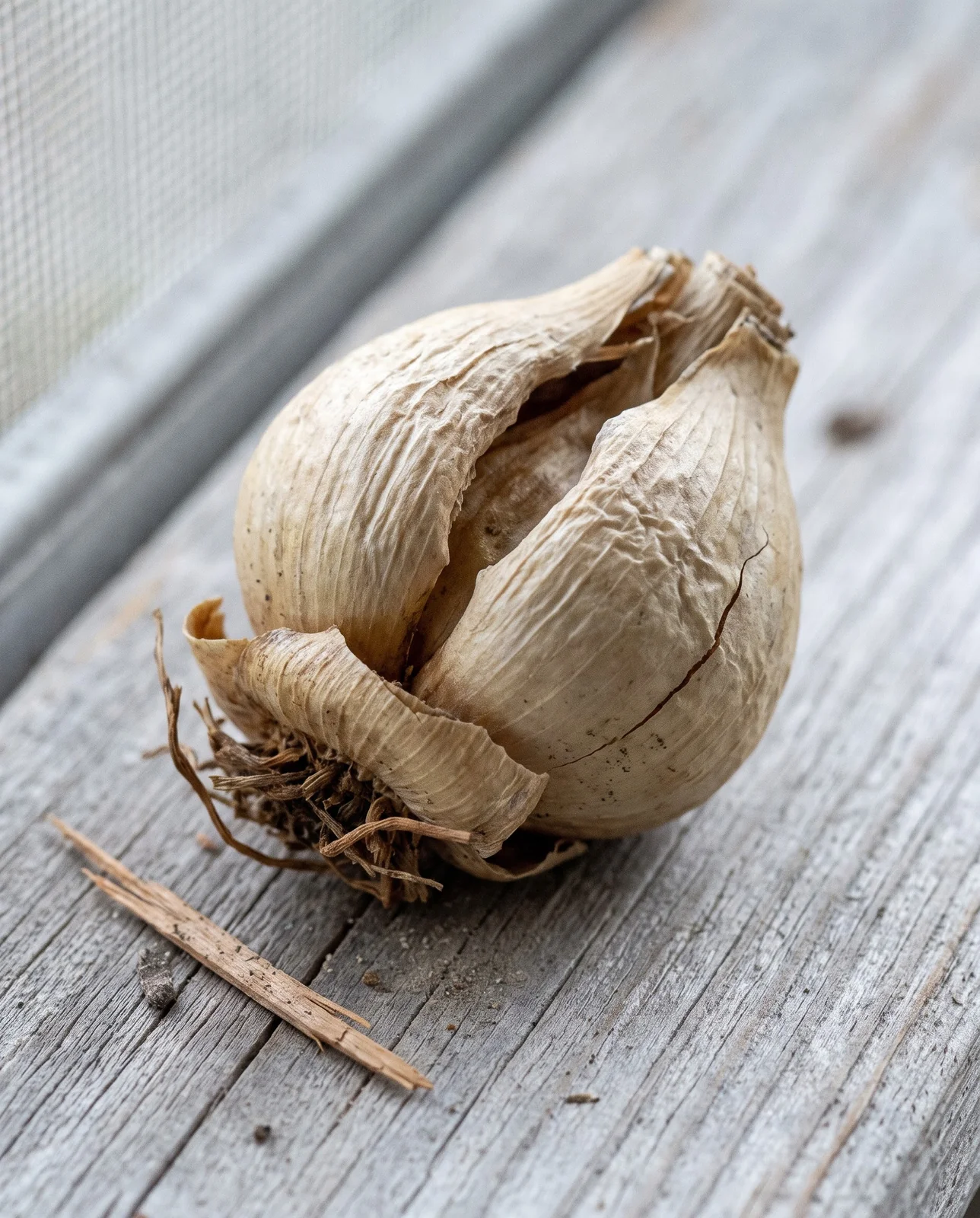 A snake's head bulb that has dried out, its scales shrunken into wrinkled papery shells, on a weathered porch board