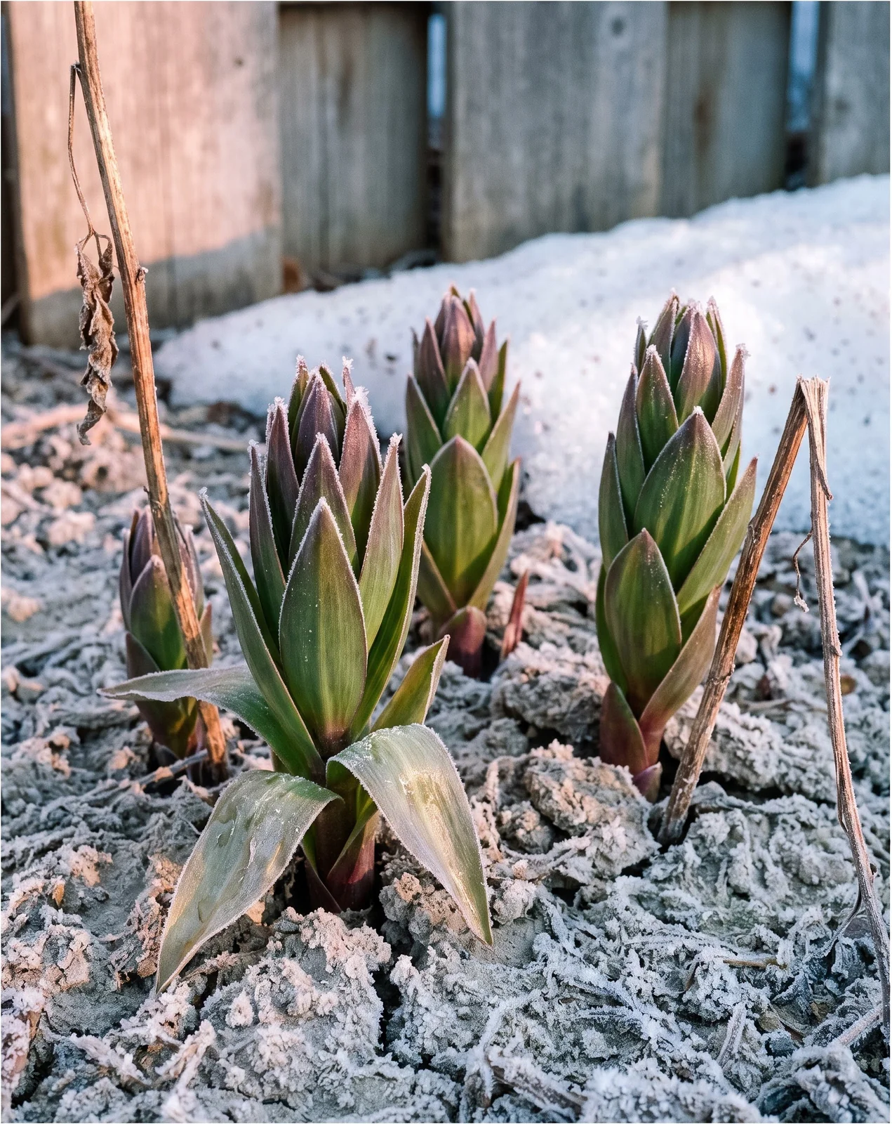 Crown imperial shoots eight inches up through hard frost at sunrise, every leaf edge rimed white and one outer leaf limp