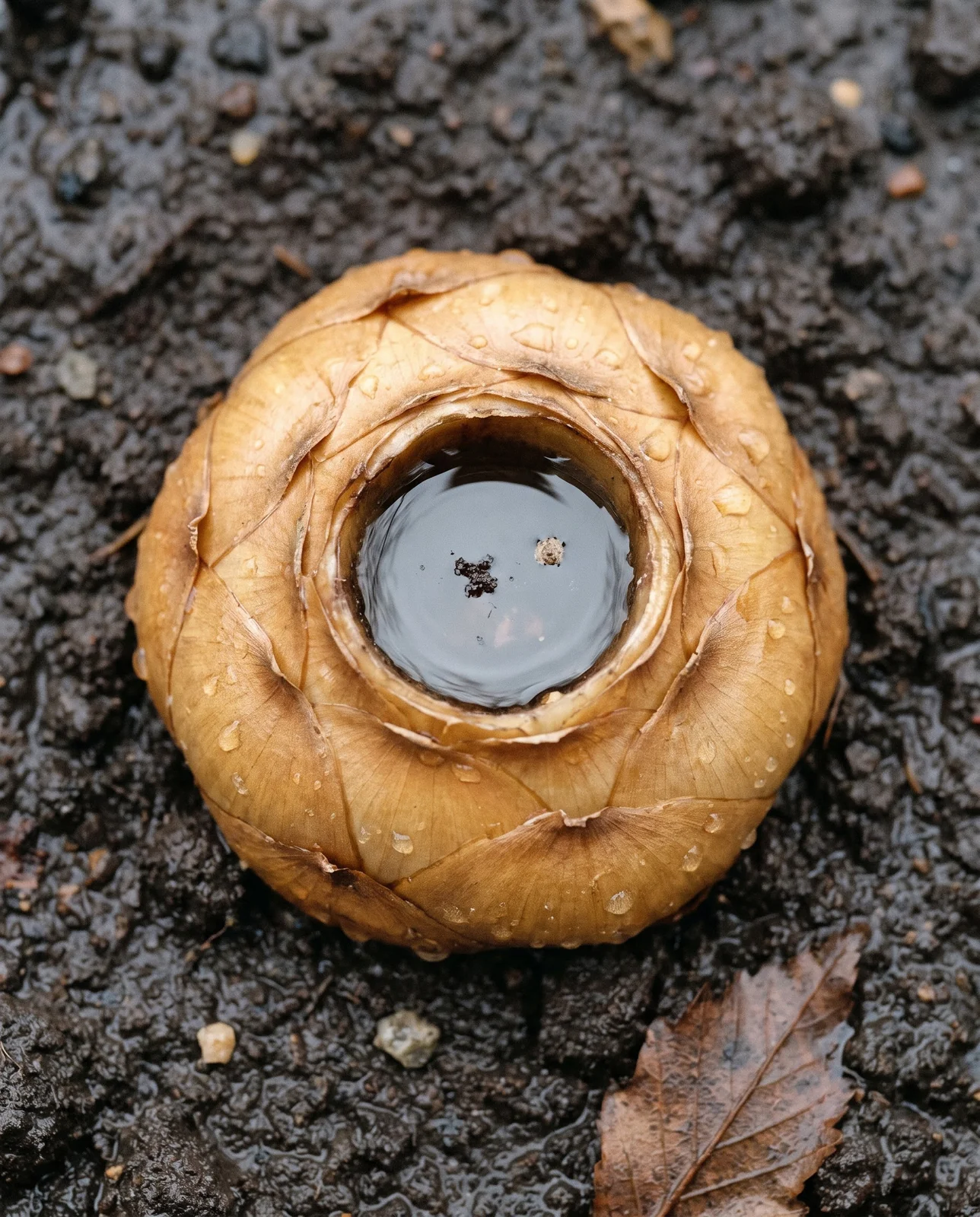 Straight down onto a sound crown imperial bulb with a shallow disc of rainwater standing in the hollow scar on its top