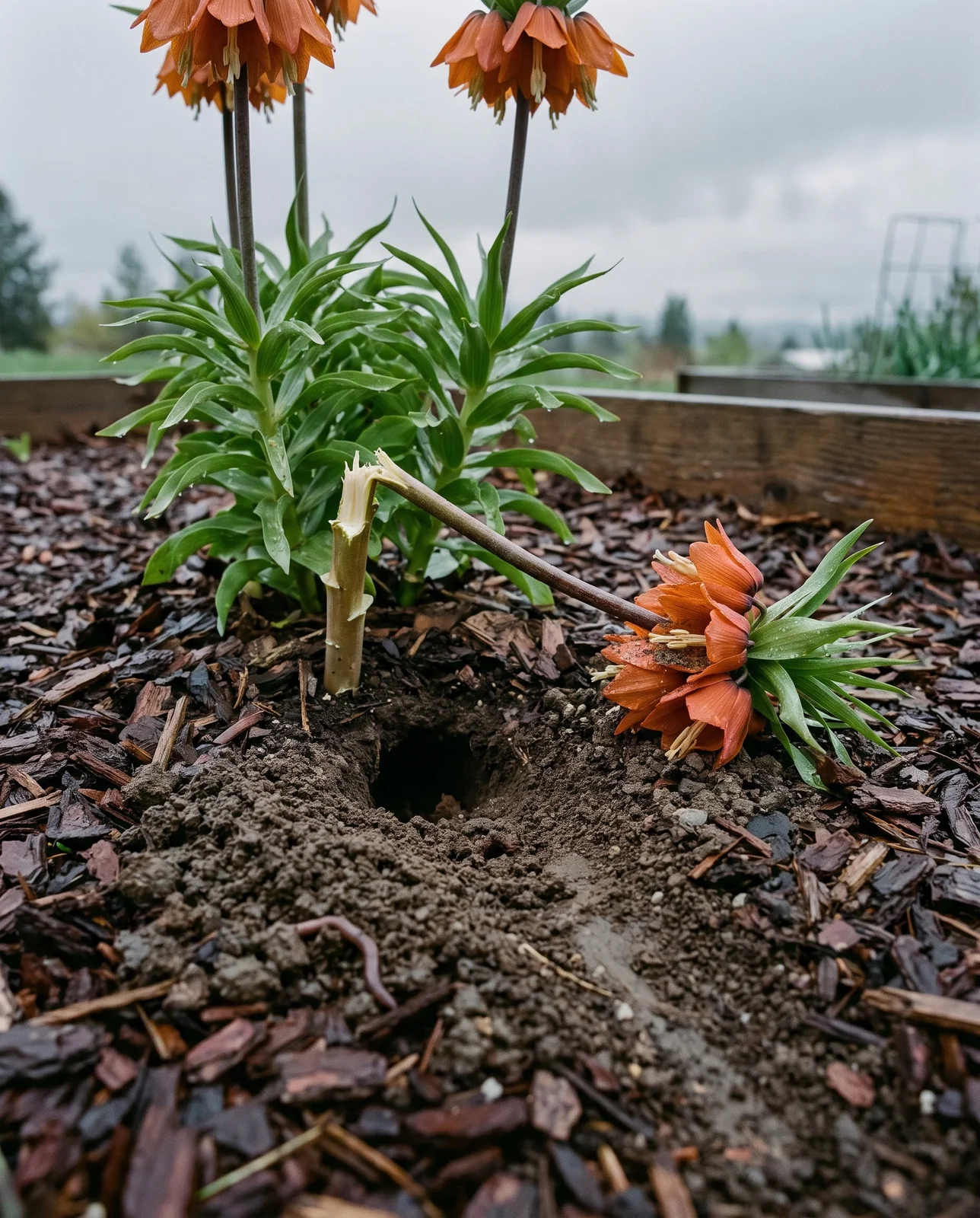 A fresh rodent burrow thrown open at the base of a flowering crown imperial, with one stem chewed through and toppled