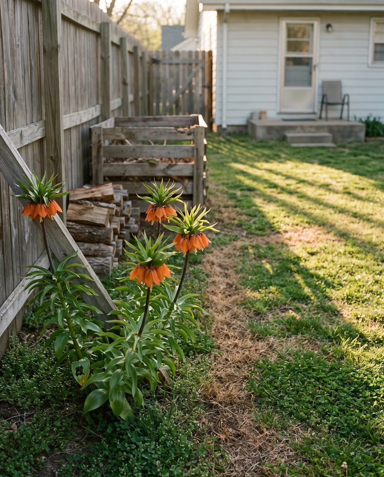 Three crown imperials flowering at the far fence of a back yard with the house small and distant at the other end