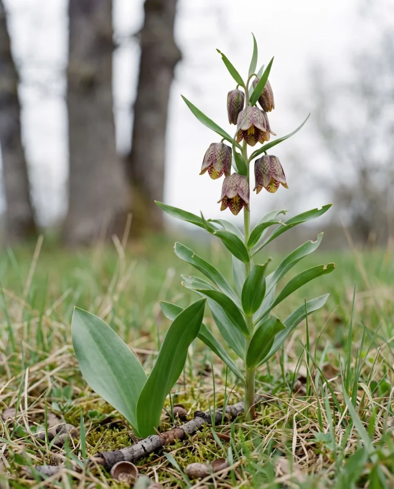 Checker lily in an Oregon oak prairie, a leafy stalk of green and brown chequered pendent bells beside a plant showing one broad basal leaf