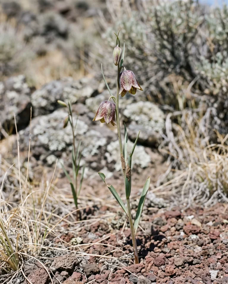 Spotted mountain bells on a stony Idaho slope, a slender stem with two small mottled purple-brown bells among cured grass