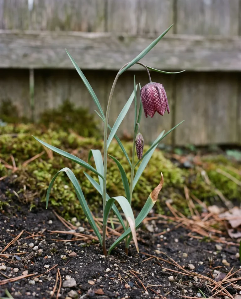 A snake's head fritillary in a damp bed, one slim fifteen-inch stem hanging a single chequered plum and white bell